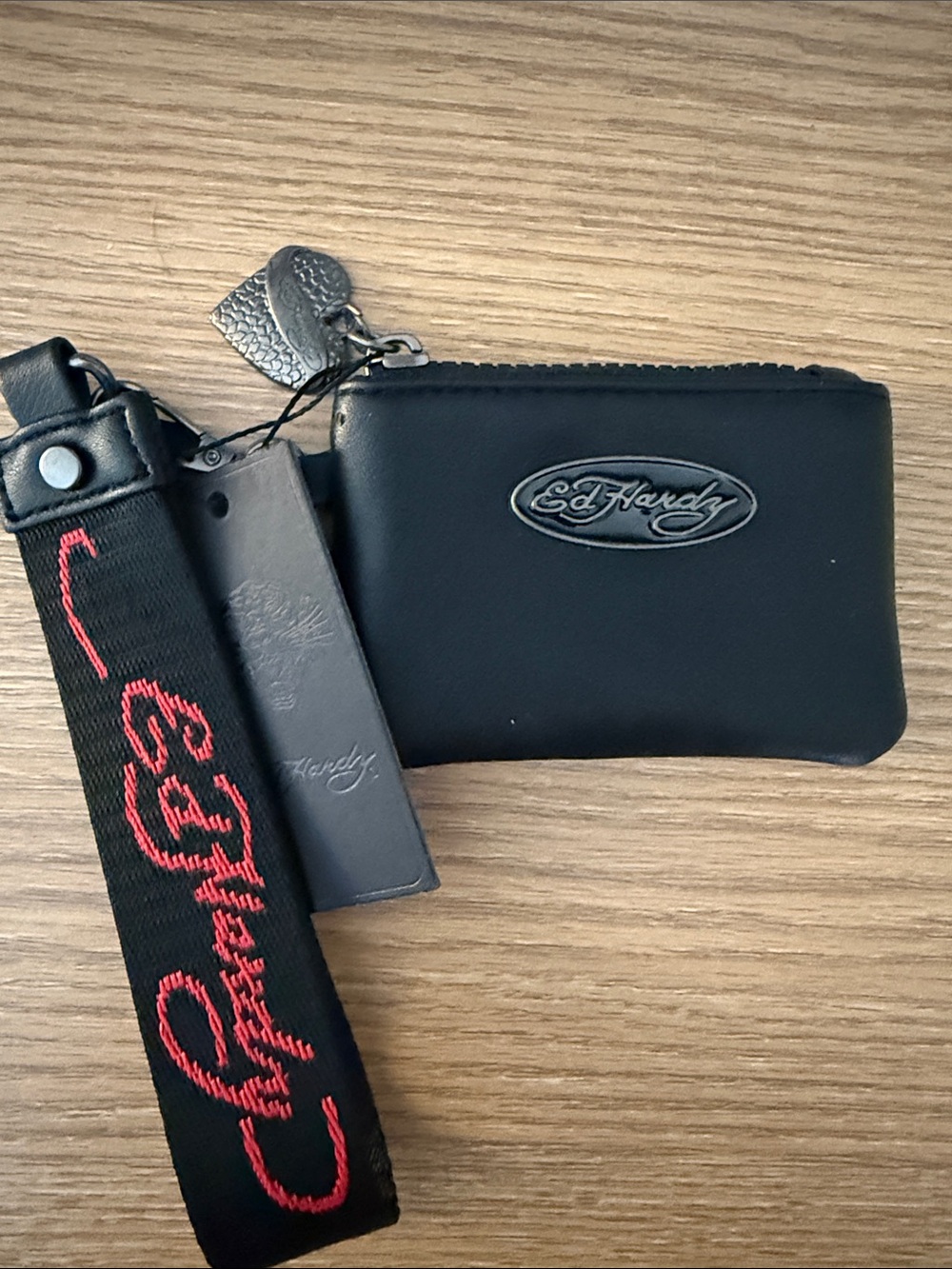 Ed Hardy Black Wristlet Pouch with Red Logo Strap